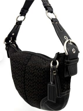COACH F05N-1460 🖤BLACK🖤 VINTAGE SIGNATURE JACQUARD LEATHER HOBO BAG 🌟EUC🌟